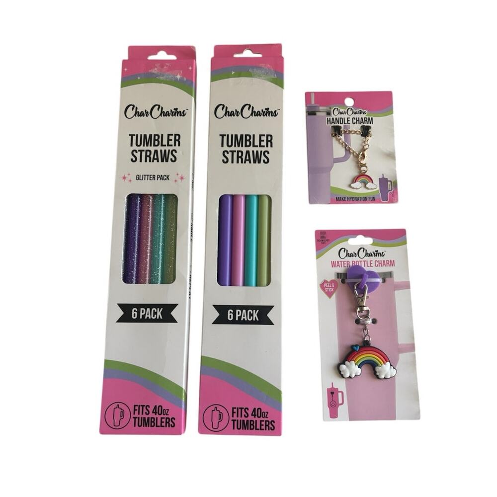 NEW CharCharms 40 oz. Colorful Tumbler Straws & Rainbow Charm Accessory Bundle